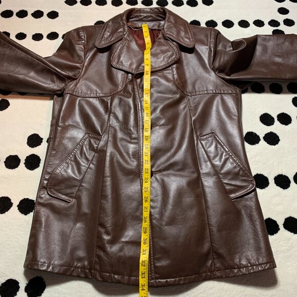 Vintage 70s Chocolate Brown Disco Leather Jacket Retro Mod Trench Coat - Picture 11 of 13
